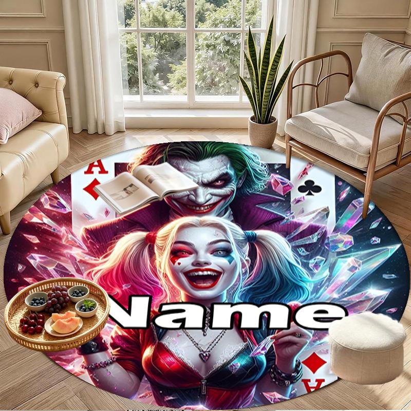 Custom Name Personalized Harley Quinn Joker Print Round Rug, Versatile Home Decor Carpet, for Playroom, Apartment, Balcony, Entryway, Hallway Gift