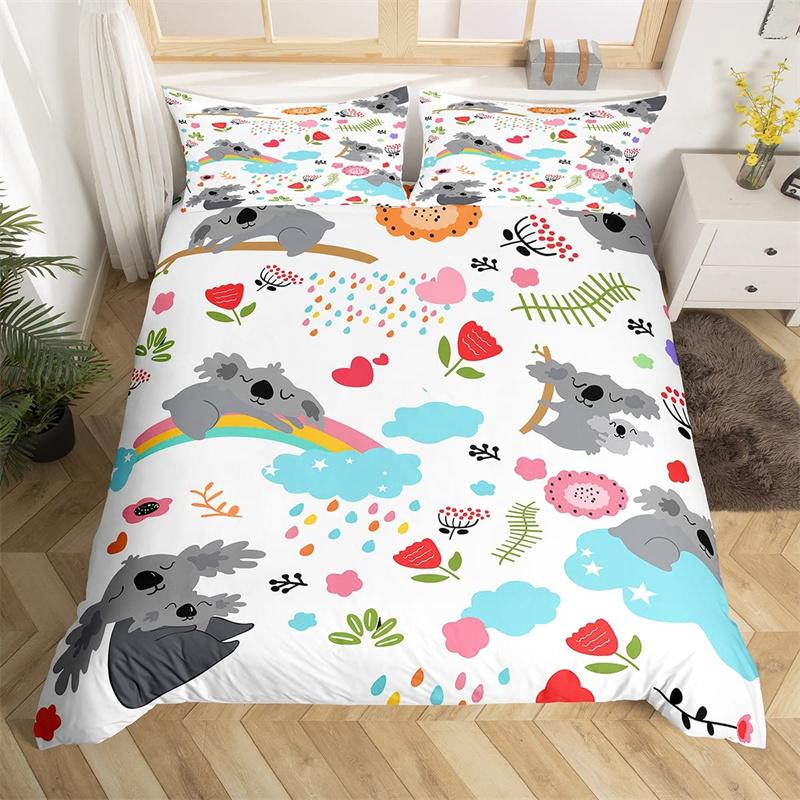 Kids Cute Koala Duvet Cover Microfiber Girls Cartoon Animal Bedding Set Twin King Australia Wild Animals Floral Comforter Cover