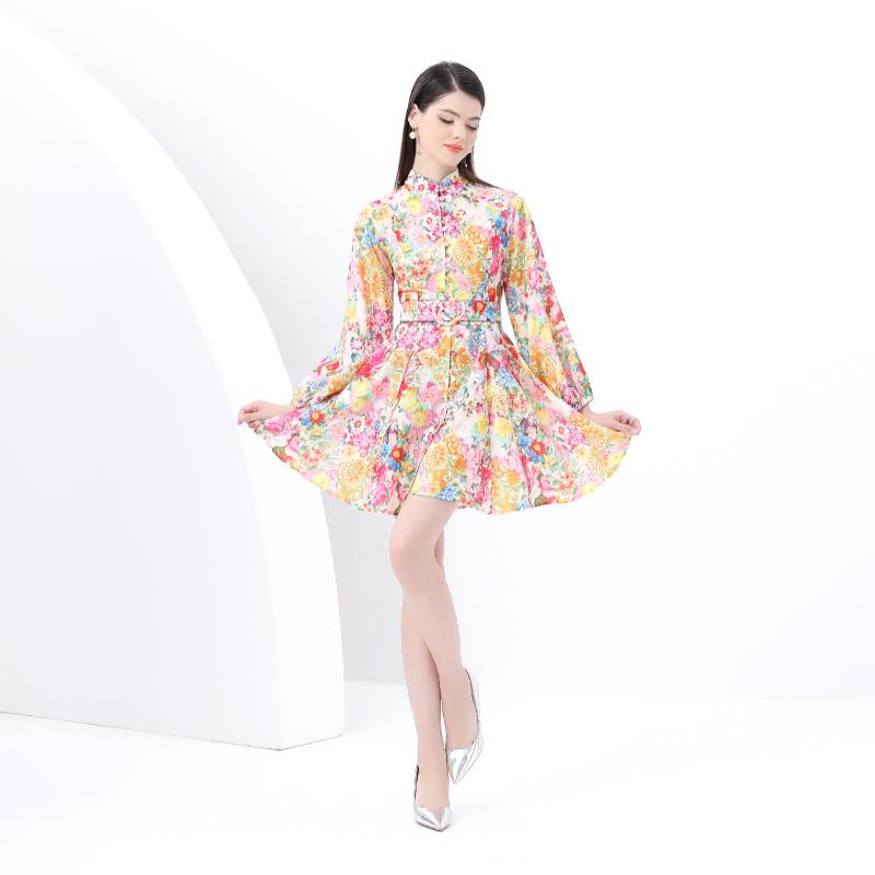 Frühling Sommer Damen Stehkragen Vintage Print Laternenärmel Mini Kurz Urlaubs Strandkleider mit Gürtel