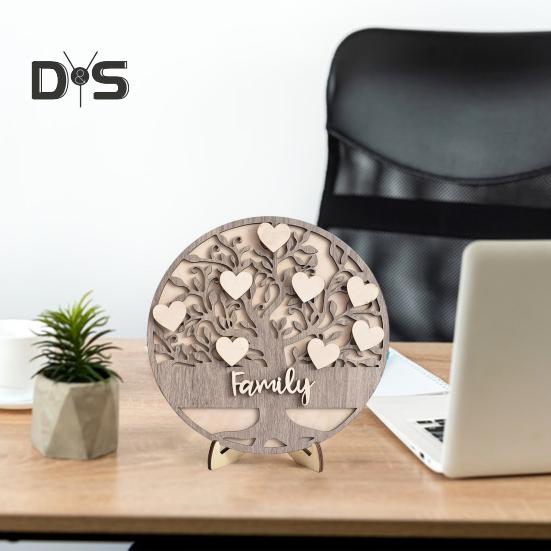 Trä Släktträd Rustik Familjekärlek Bordskylt Lager-på-lager Hjärta Träd Ornament med Ställ för Morsdagspresent Mantelhylla Dekoration