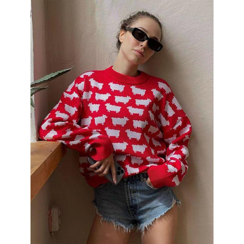 

Fashion Style Loose Casual Mid Length Long Length round Neck Knitting Lamb Sweater Loose round Neck Neck Sweater Red L