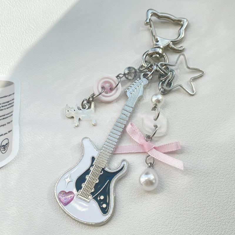 Y2K Guitar Cat Key Chain For Men Women Cool Pentagram Bow Pendant  Rock Punk Bag Accessories Gift