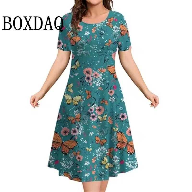 New 2025 Dresses Women 3D Flowers Printing Short-Sleeve Sundress Summer Casual Pullover Fashion Loose Ladies Dresses