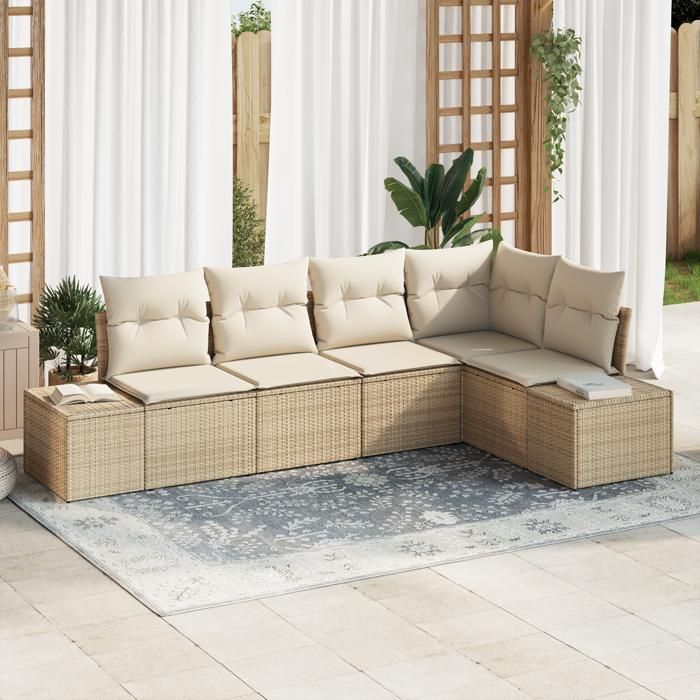 VidaXL Ensemble de Canapé de Jardin 5 Pièces avec Coussins Beige Rattan Poly 3355730