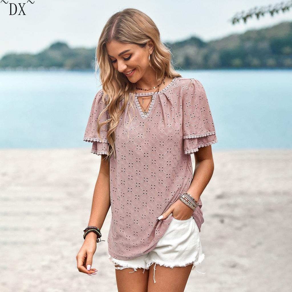 DX~~ unabhängig entwickelte und entworfene einfarbige Lochstricktops für lässige Damen für Frühling und Sommer;s tragen.