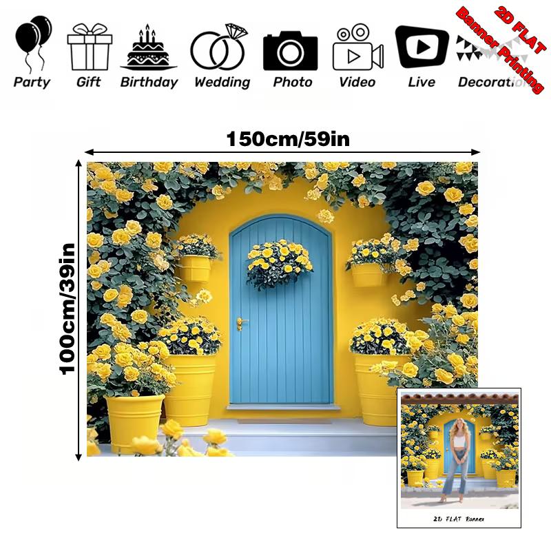 2D Yellow Rose Door Backdrop Bright Floral Wall Photography Background