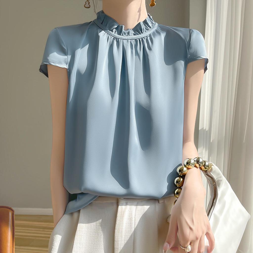 Blusen für Schlicht Kurz Steh Rüschen Groß Büro Schnitt und Rund Pendeln [Augseed] Damen, T-Shirts, Sommer, Ärmel, Kragen, Oberteile, Stilvoll, Hals,