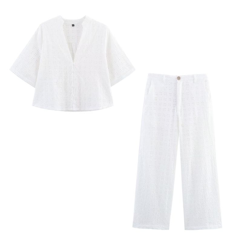 Kaslead New Women Clothes Western Style Fashion Hollow Embroidery Shirts Trousers 2587076 2587077