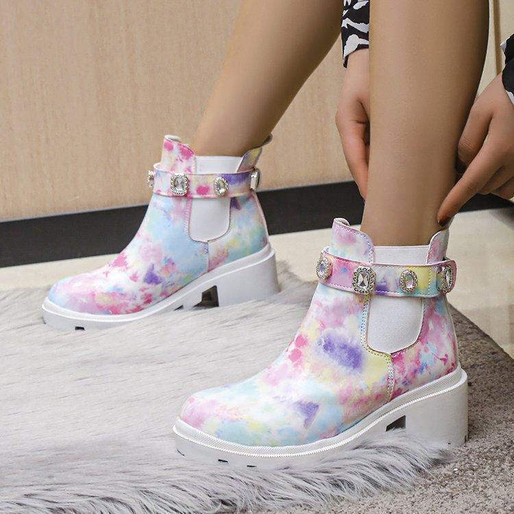 Foreign Trade New Large Size Color Printed Short Boots Women's High Heel 2025 Autumn and Winter European and American Rhinestone Thick Heel Martin Boo