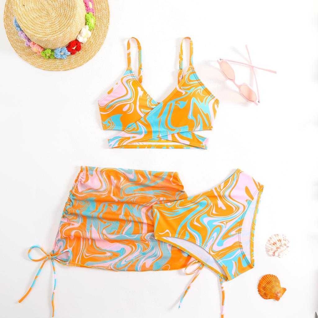 Costum de baie pentru copii costum de baie pentru femei cu fustă separată imprimeu tie-dye pentru copii de vârstă mijlocie și mai mari fete bikini costum de baie pentru copii set de trei piese