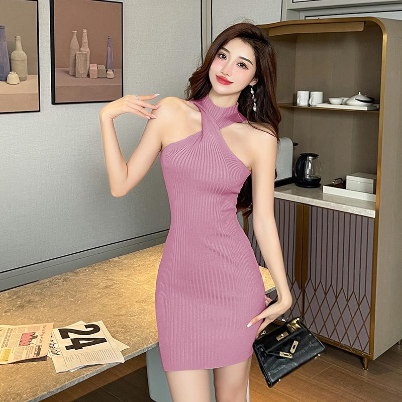 Pure desire Spice Girl knitted neck dress women's summer thin cross sexy skirt off-the-shoulder tight hip-wrapped skirt