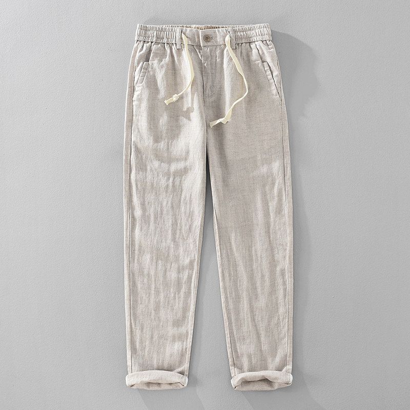Japanese-Style Vintage Versatile Linen Casual Pants for Men, Summer Thin Breathable Tencel Cool Long Pants Raw linen color 3XL