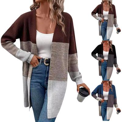Women's Autumn And Winter Fashion Retro Casual Long Sleeve Color Blocking Mid-Length Knitted Cardigan Jacket