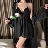 Women's Summer Thin Sexy Pajamas Suspender Pajamas Imitation Silk Two-piece Nightgown with Chest Pad