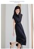 Round neck half open collar lace up shirt dress for 2026 summer simple commuting versatile slimming mid length dress