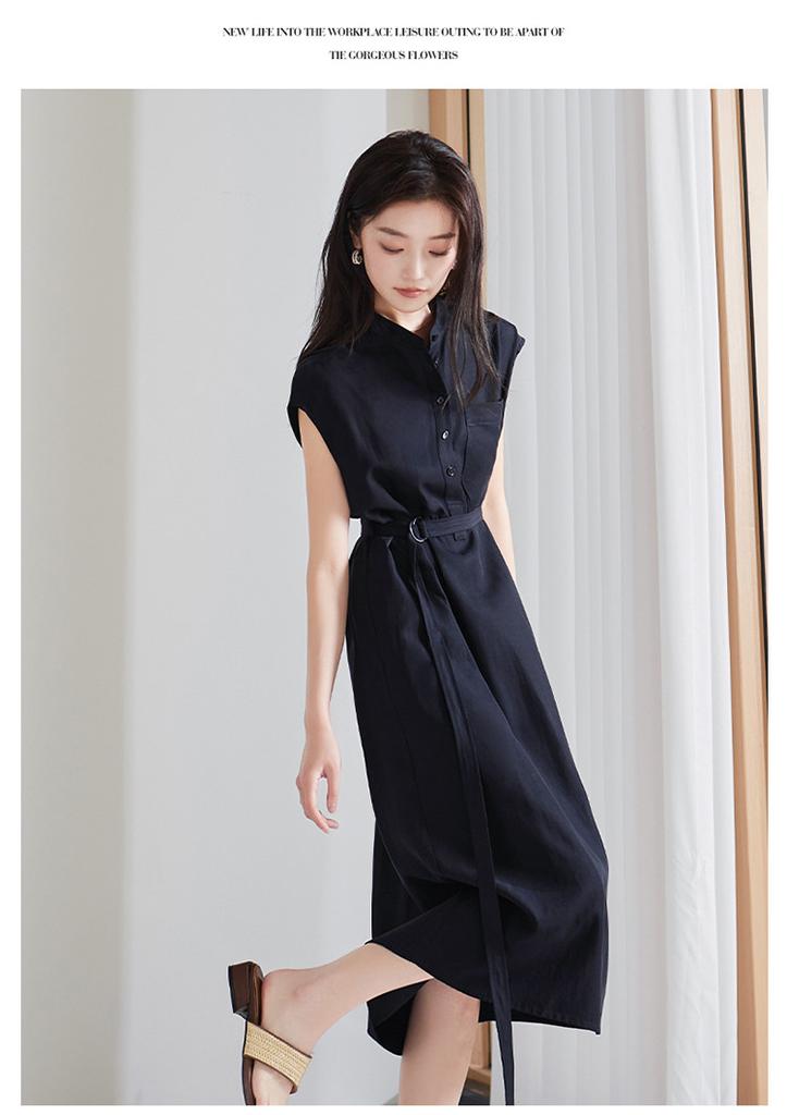 Round neck half open collar lace up shirt dress for 2026 summer simple commuting versatile slimming mid length dress