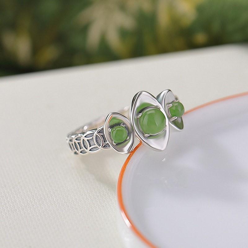 Adjustable Open Ring With Jadeite Agate Coin Motif Vintage Style Unisex Jewelry Adjustable Open Band