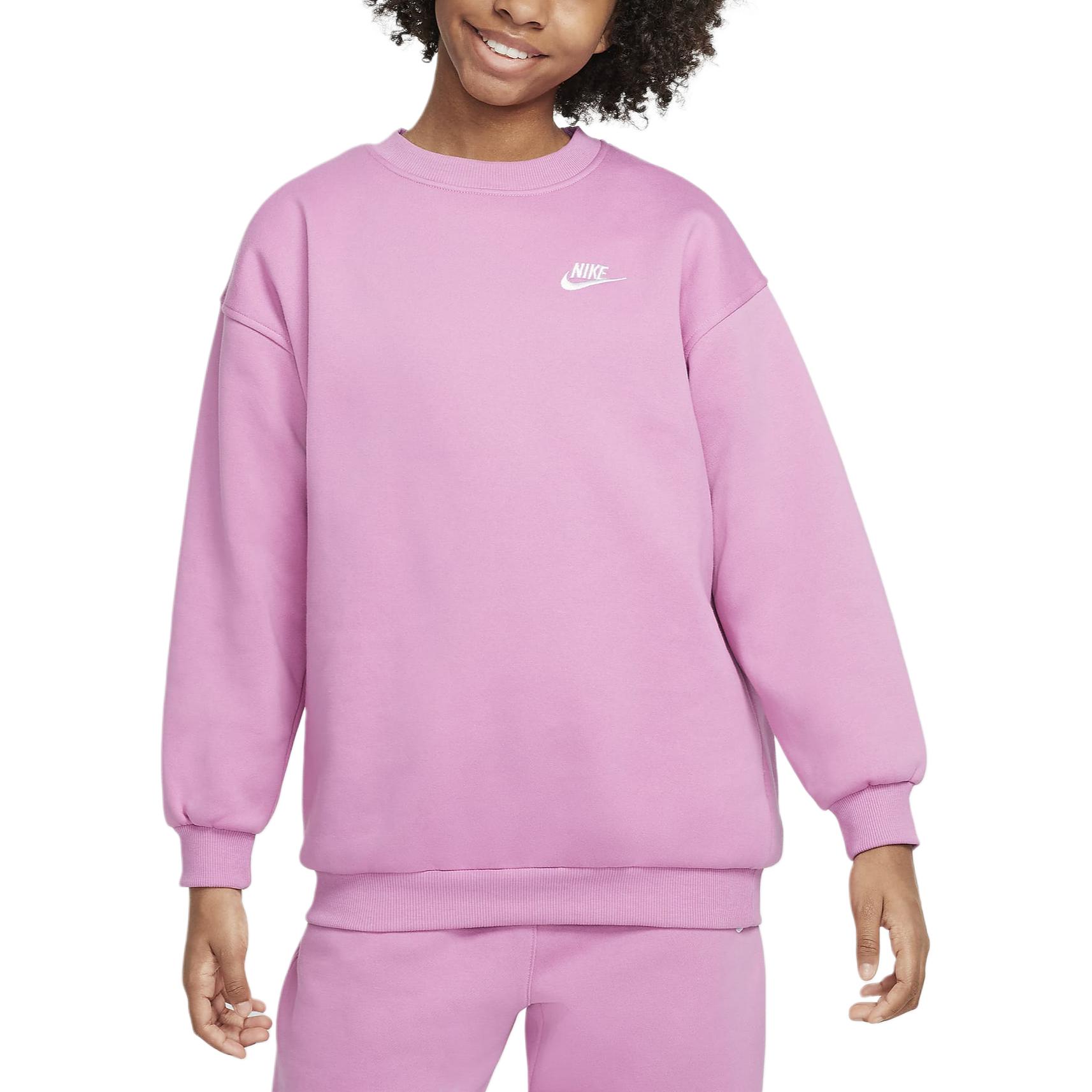 

Nike Sportswear Club Fleece Comfortable Solid Color Embroidered Crew Neck Long Sleeve Magic Flamingo Youth Kids tops FD2923646 XL