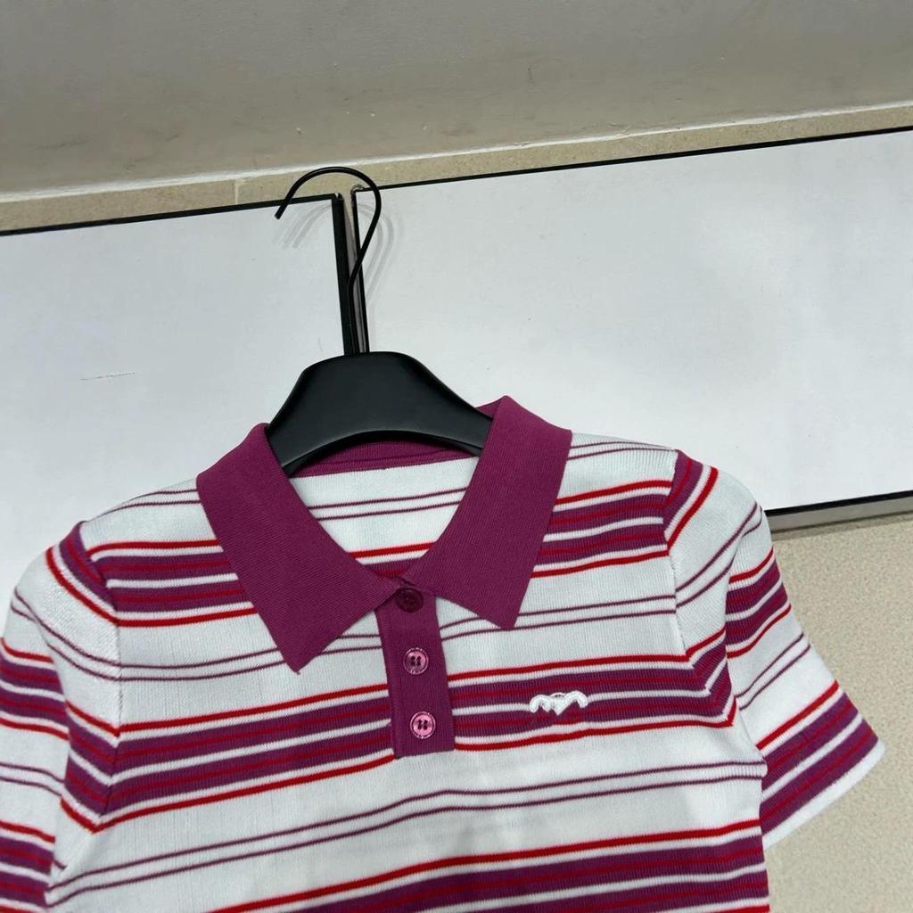 Nanyou Kaixuan Striped Lapel Knit Top with Logo Embroidery - Trendy, Casual, and Age-Reducing Short Sleeve Shirt