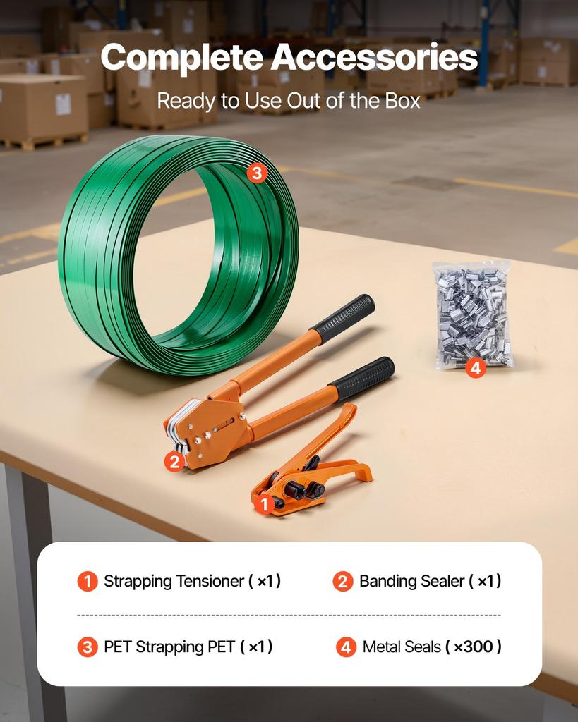 Banding Strapping Kit, Heavy Duty Banding Sealer Tool with 305 M Length PET Band, 300 Metal Seals, Plastic Manual Pallet Packaging Strapping Kit for