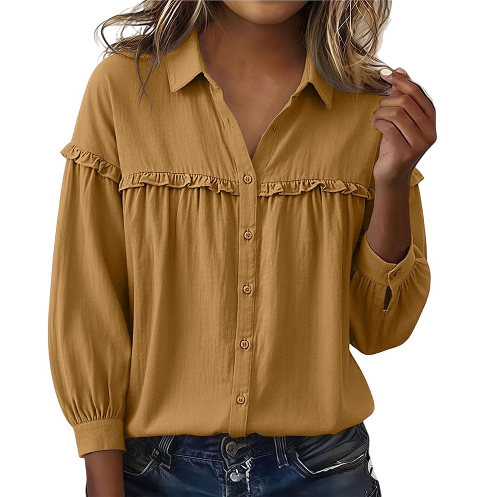 Womens Button Down Linen Shirts Collar Long Sleeve V Neck Tops