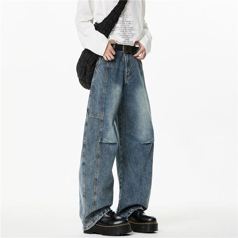 Retro Washed Scimitar Jeans Spring And Autumn Unisex Pants Loose Wide-leg Straight Mopping Trousers