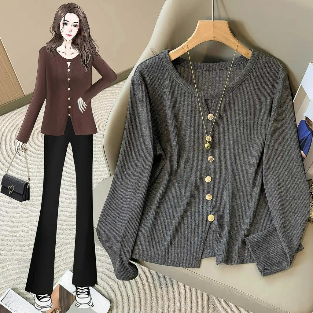 Plus Size Women's Small Fragrance Hollow Long-sleeved T-shirt Autumn Covering Meat and Slimming Top with Bottoming Shirt