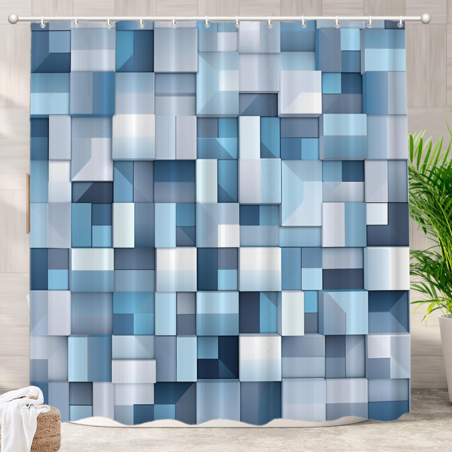 

3D Blue Cube Geometric Pattern Waterproof Shower Curtain 180X200Cm Modern Abstract Art Print Bath Curtain For Living Room Decor W60H190(CM)-1 Pcs