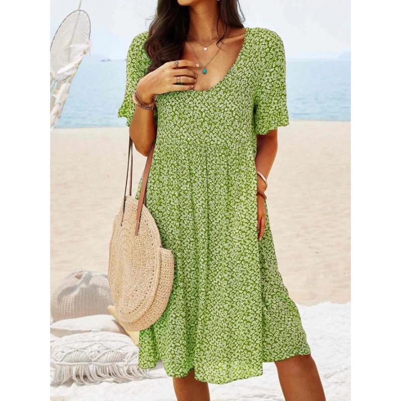 Pullover print long medium and long urban casual retro women's short-sleeved dress