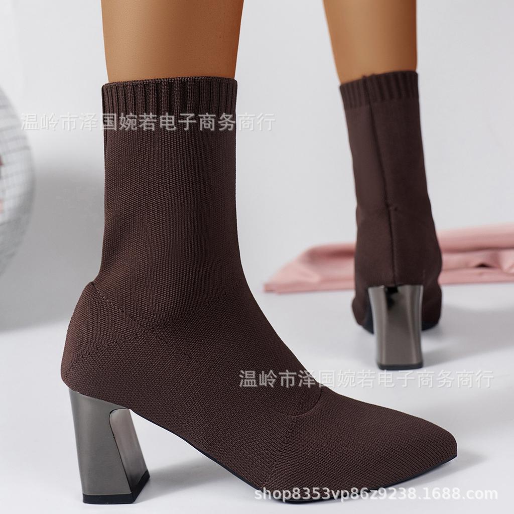 Botas meias elásticas de malha botas curtas 22 primavera e outono botas únicas europeias e americanas bico fino salto grosso salto alto botas Martin justas