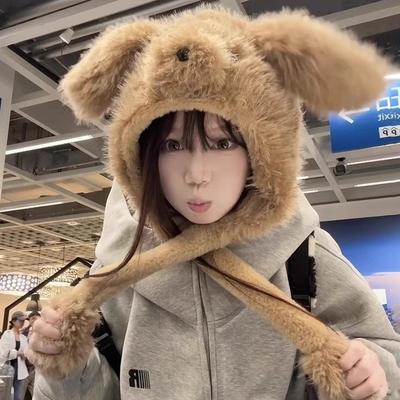 Winter New Cute Moving Fluffy Puppy Dog Ears Hat Female Thickened Warm Ear Protector