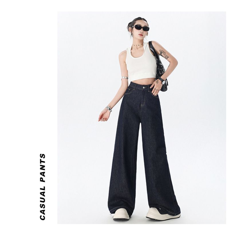 

Hong Kong Style Retro Blue Loose-Fitting Loose Pants Denim Women s High Waist Slimming Straight Pants Mop Pants Summer Dark blue pants 156-165 XL
