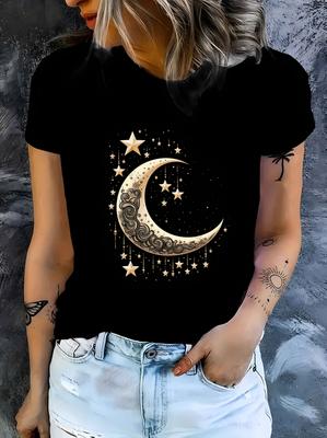 Women's Starry Sky and Moon Print T-Shirt Elegant Crew Neck Short Sleeve Top Celestial Printed Fashion Summer Casual Clothing