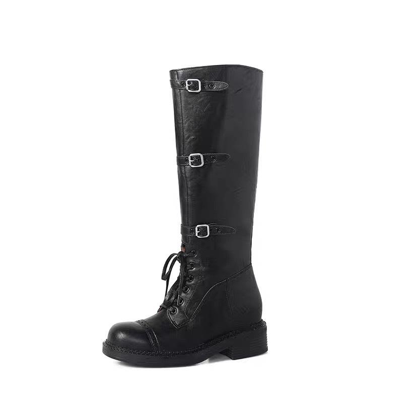 Cowhide Version~ Genuine Leather Thick-soled Martin Boots Women's Tall Thick-heeled Knight Boots Fat Mm Large Tube Circumference Boots