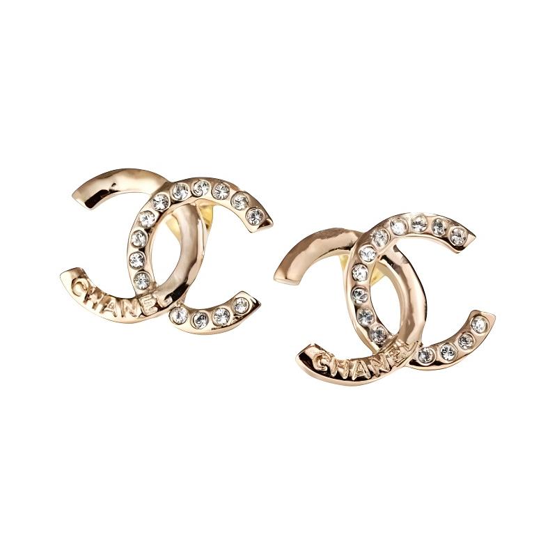 CHANEL 24P earrings gold letter spelling rhinestone double c earrings for women