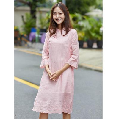 2020 Summer Women's Soft Pink Lotus Sleeve Cotton Linen Embroidery Dress