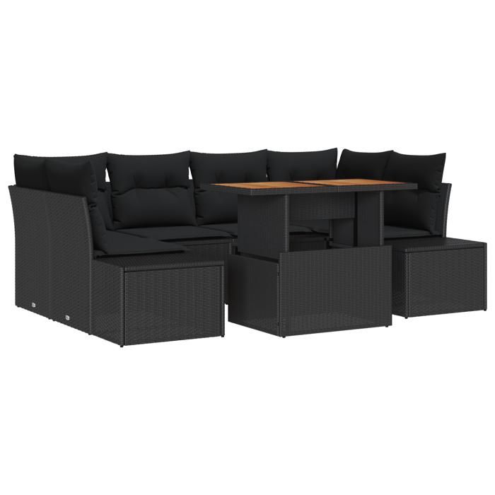 VidaXL Ensemble de salle à manger de jardin 7 pièces avec coussins en poly rattan noir et acacia 3349918