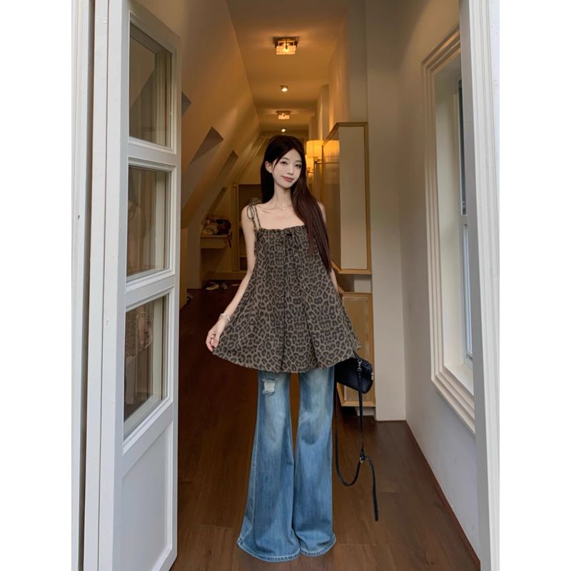 Kumikumi Gyaru Style Design Sense Leopard Print Lace-up Cami Women clothes Summer Niche Chic Loose Top