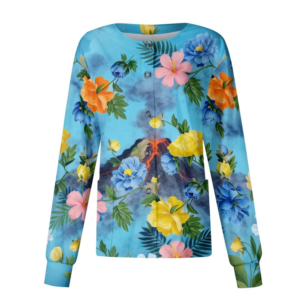 Women's Casual Long Sleeve Single Breasted Hawaiian Floral Print Nurse Jacket Cardigan Top Lightweight Comfortable Workwear