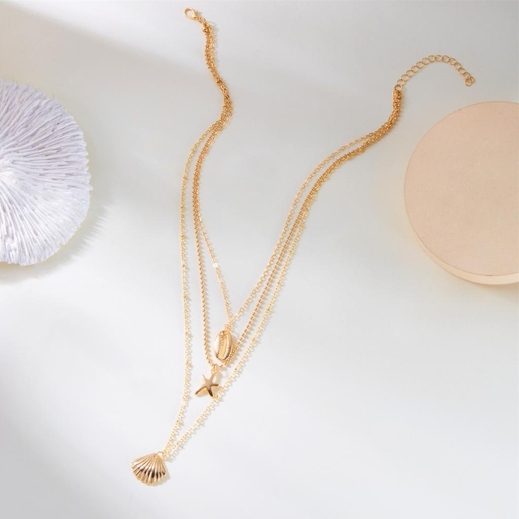 European and American Summer Beach Scenery Surface Shell Starfish Necklace Vintage Resort Style Multi-layered Wearing Pendant Necklace