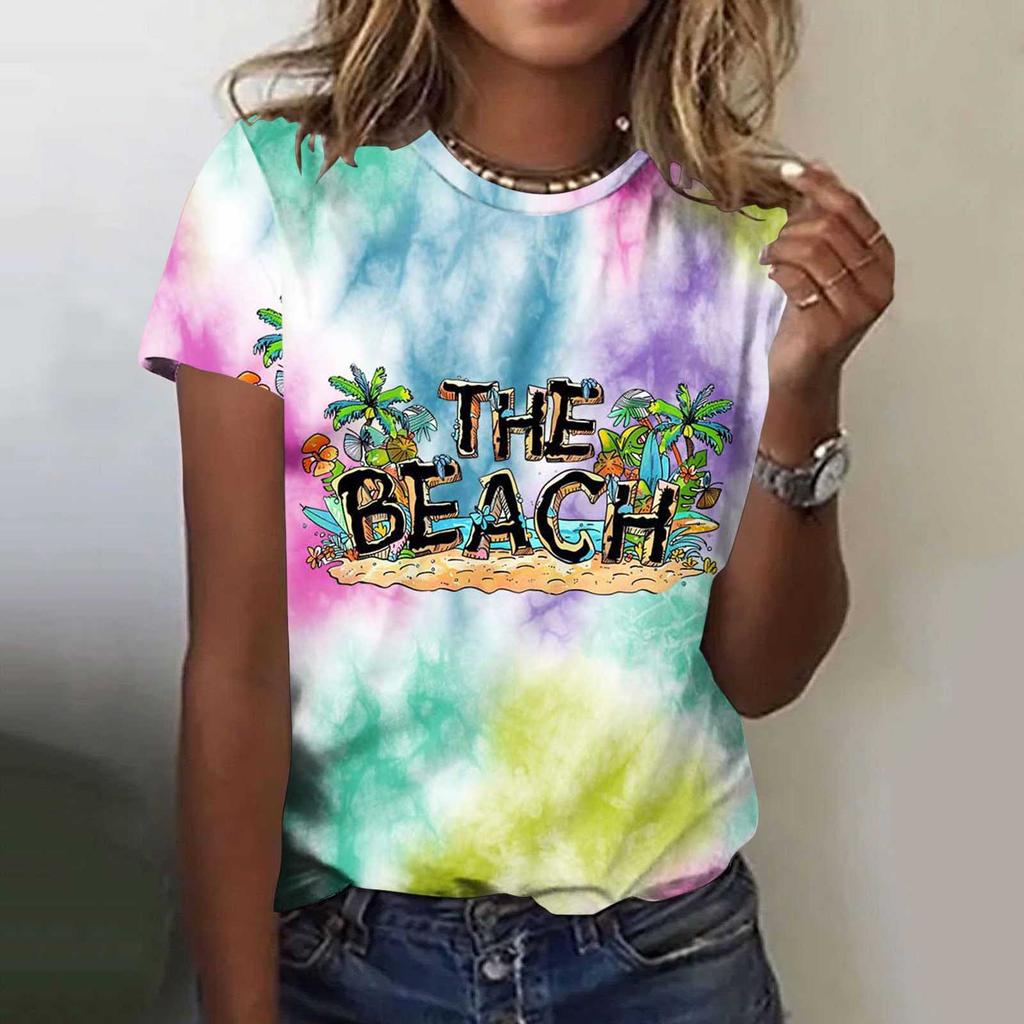 Summer Fruit Coconut Tree Gradient 3D Print Beach T-Shirts Short Sleeve O-Neck Women's T-shirts