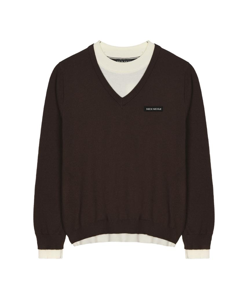 Nigaennikol Layered Round V Neck Knit_Brown