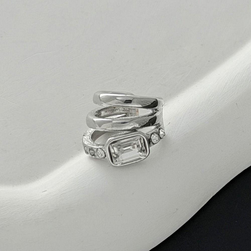 Silver Triple Ring Clip Multi-Layer Square Zircon Stud Earrings Hip Hop Ear Buckle Party