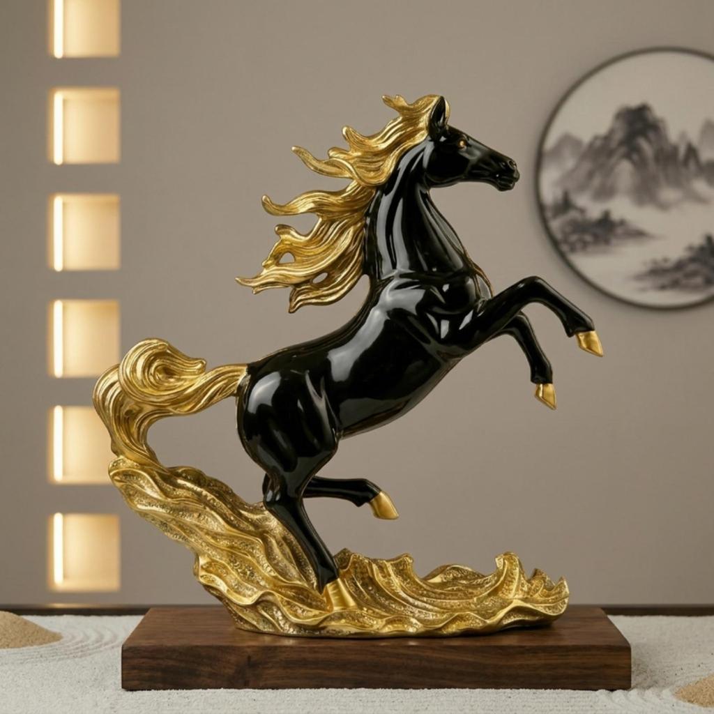 Rearing Horse Figurine Decorative WaveBased Base Indoor Ornament for Art Collectors,