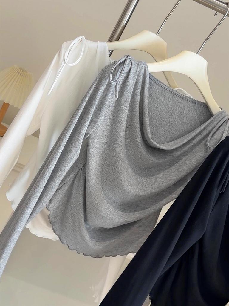 Korean Style Elegant Waist-Cinched Long-Sleeve Flowy Collar T-Shirt for Women - Slim-Fit Spring New Arrival