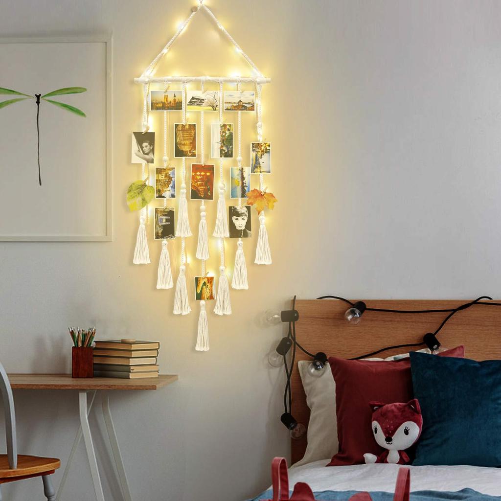 Bohemian Lace Wall Hanging Photo Display with Lights and Clips for Bedroom Decoration
