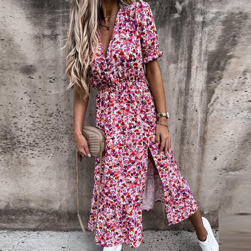 Spring and Summer Printed Short-sleeved V-neck Cinched Waist Slit Dress for Women