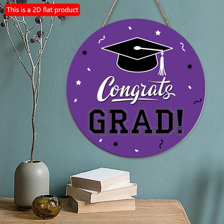 2D flat 20*20cm 1pc Simple and atmospheric style Purple Graduation Wall Hanging Decor, Bachelor's Cap pattern high quality Round Wood Art Plaques Sign