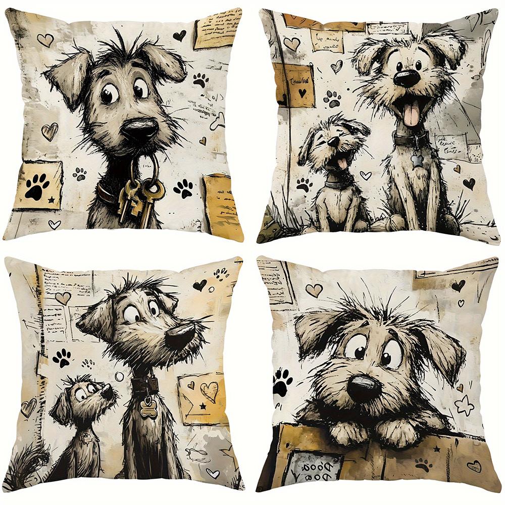1/4pcs Cute Dog Illustrations Printed Pillowcases Sofa Cushion Cover Home Bedroom Room Decoration