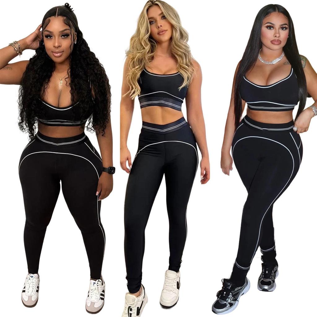 2026 Women Sleeveless Crop Tank High Waist Scrunch Butt Leggings 2 Piece Yoga Workout Tracksuit Solid Contrast Stripe Gym Fitness Set